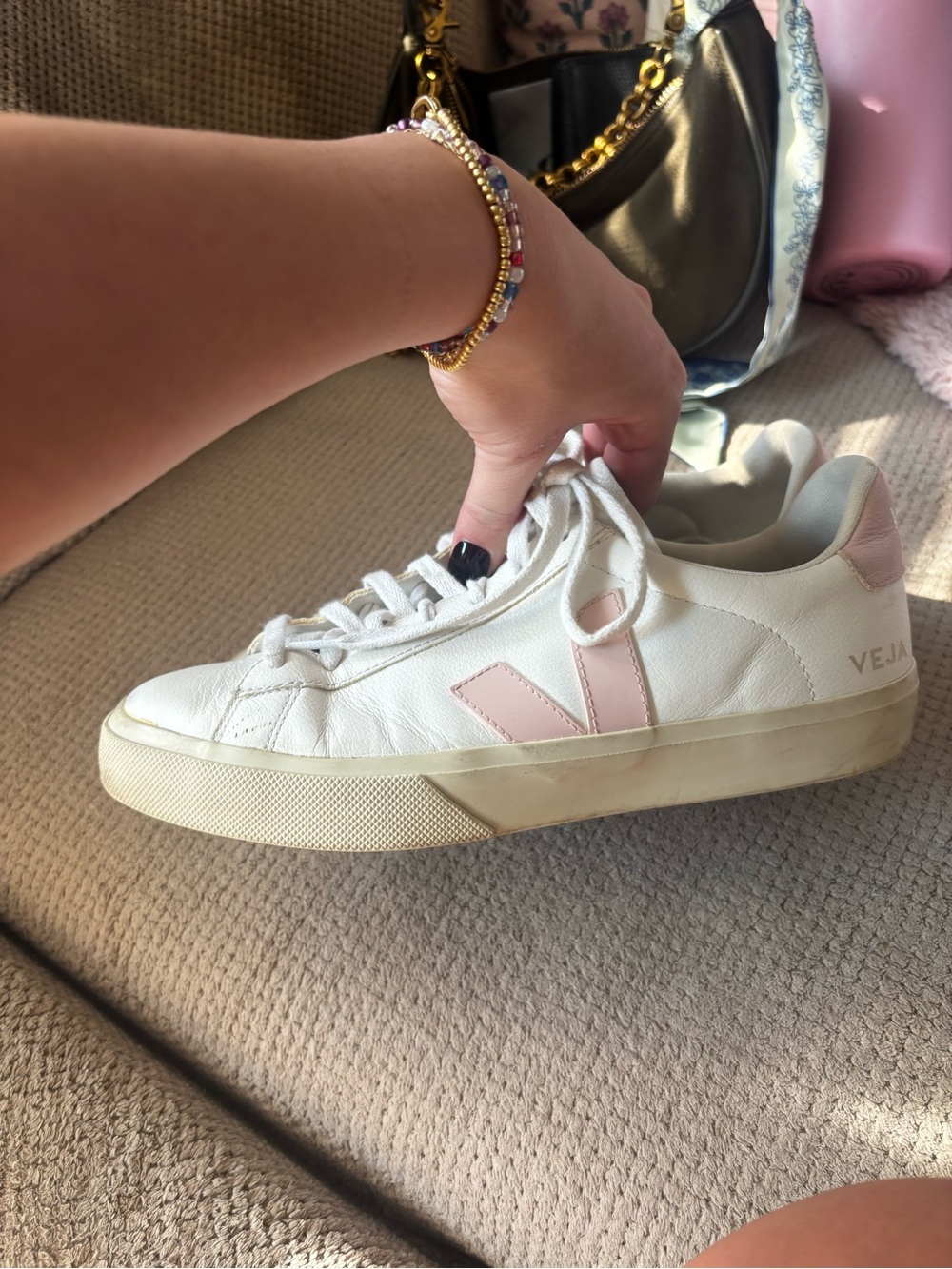 Veja Leather Lace-Up Sneakers with Pink Accent - Picture 4 of 5